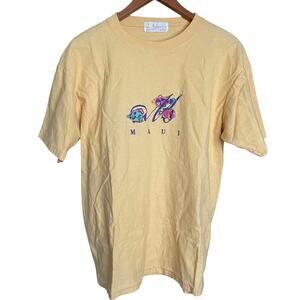 Vintage Textured Yellow Embroidered Maui Destination Vacation T-Shirt - Large